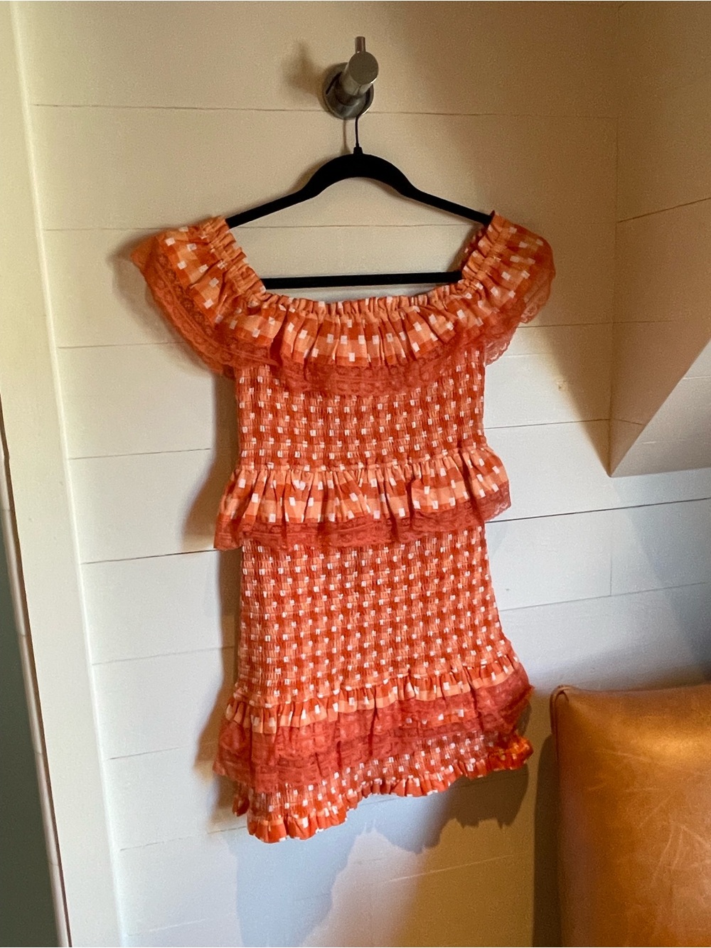 Tularosa Orange Patterned Ruffled Off-Shoulder Dress